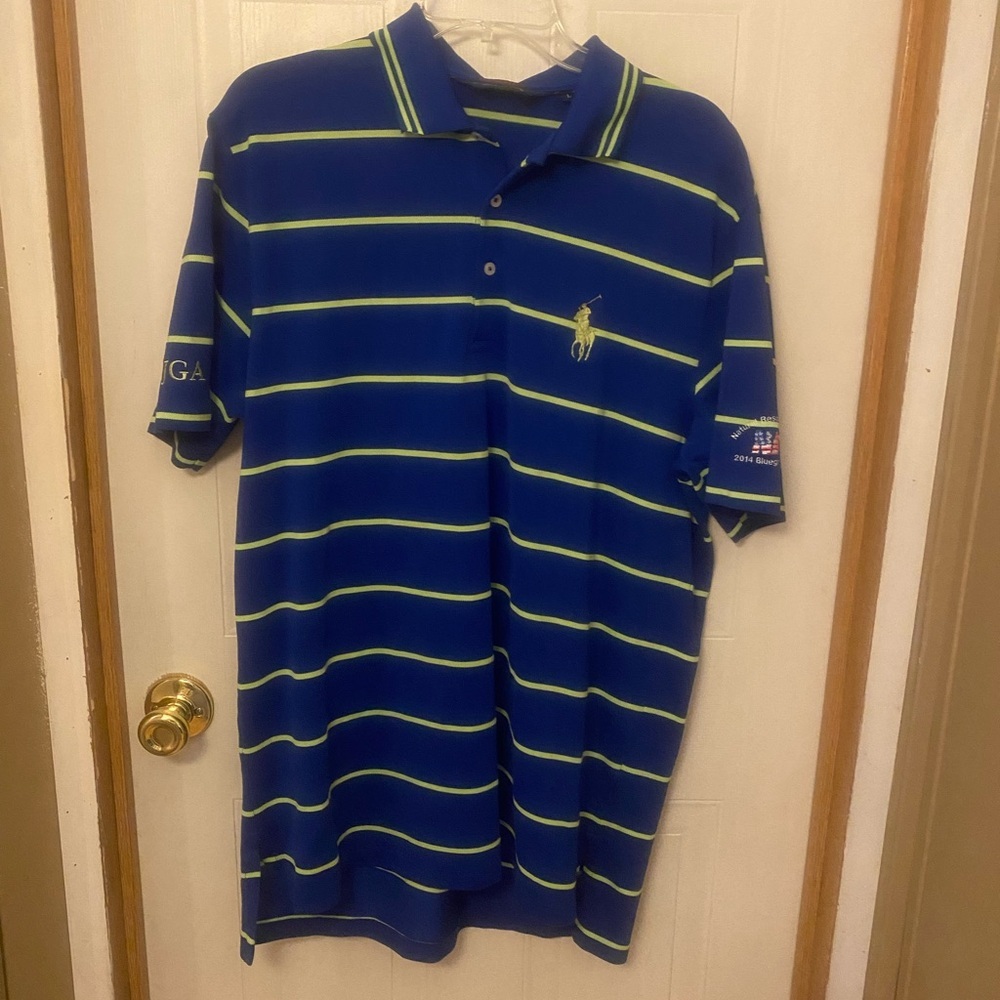 Ralph Lauren Men's Blue and Green Striped Performance Polo Shirt L